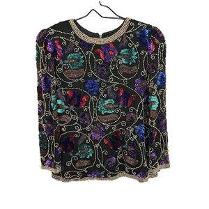 Black Tie by He-Ro Top Blouse Large 100% Silk Floral Colorful Sequin & Beaded